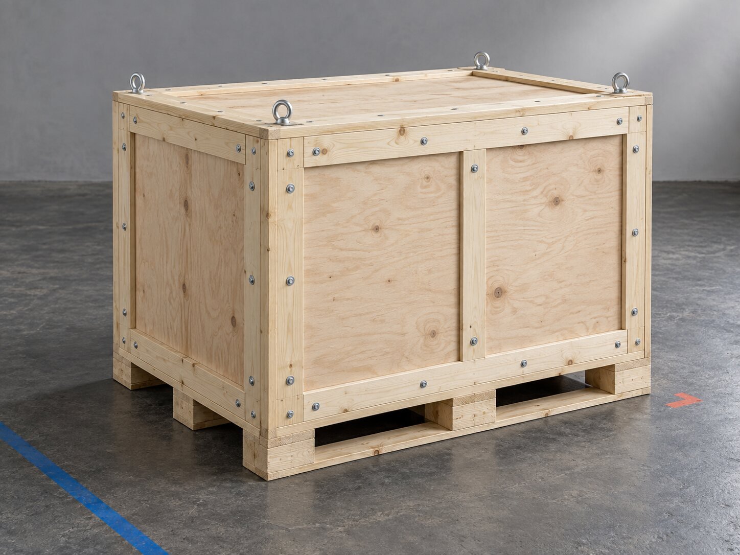 Fully enclosed framed plywood transit case on a forklift base