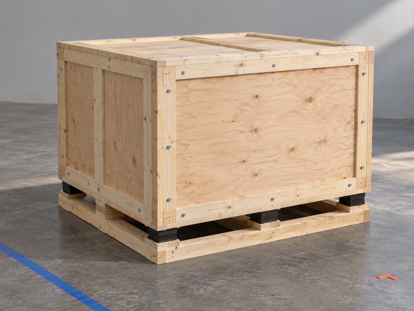 Framed timber machinery case on an isolated floating base
