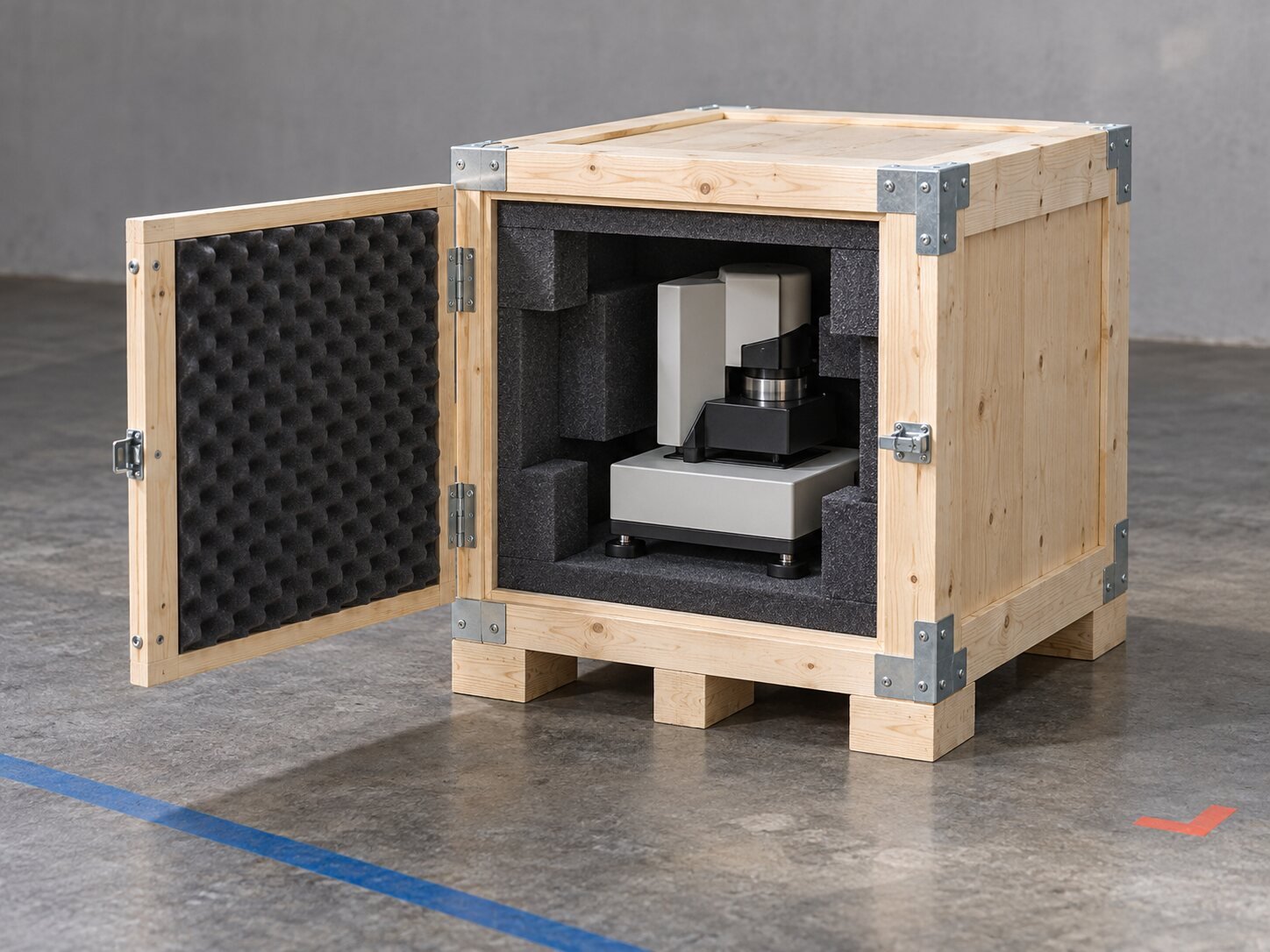 Open fragile-equipment timber case showing a dark protective insert