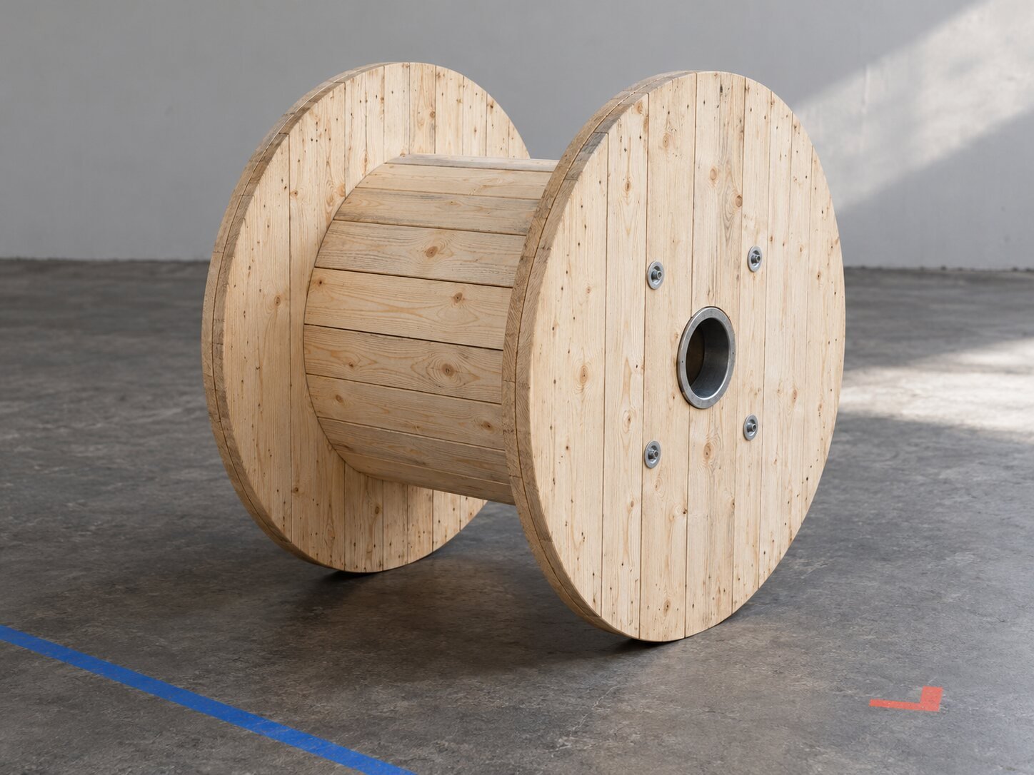 Large wooden cable drum with timber flanges and steel centre bore