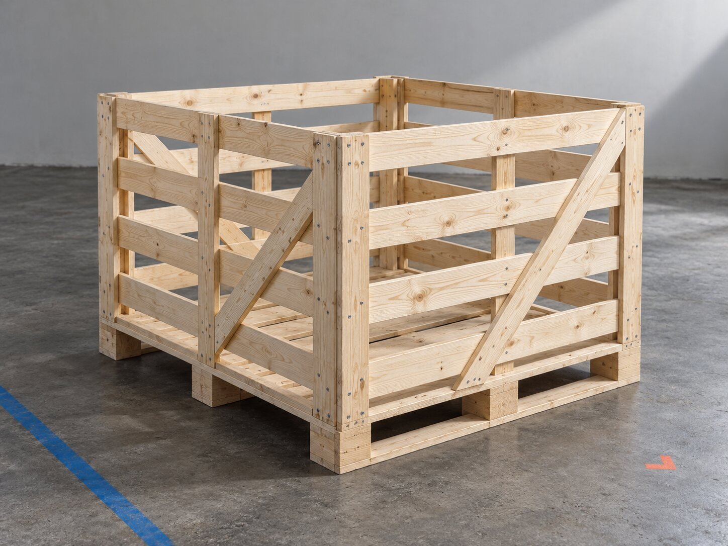 Open-slatted wooden export crate with diagonal bracing