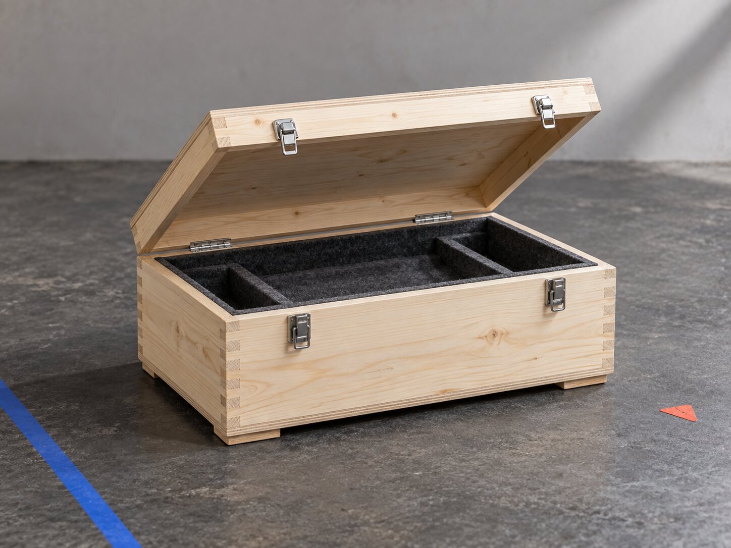 Open wooden presentation transit box with dark removable insert