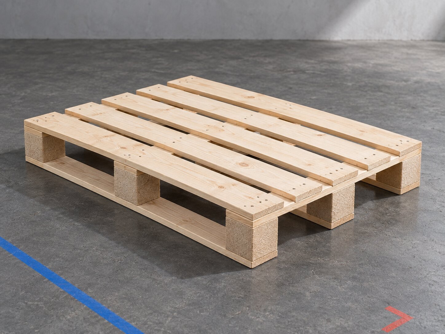 New four-way entry wooden pallet in a clean workshop photo bay